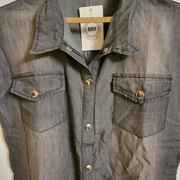NXH Black Distress Denim Sleeveless Pocket Button Up Dress NWT Size Medium - Picture 6 of 8